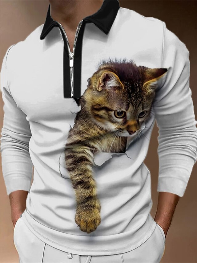 Men's Polo Shirt Golf Shirt Animal Cat Graphic Prints Turndown Black Blue White+Gray Khaki Gray 3D Print Outdoor Street Long Sleeve Zipper Print Clothing Apparel Sports Fashion Streetwear Designer