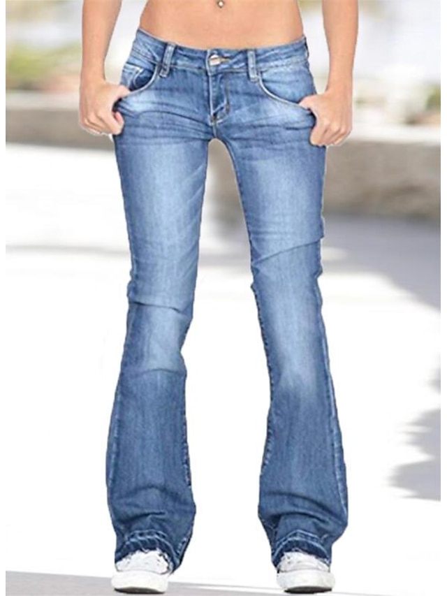 Women‘s Flare Low Rise Jeans Pants Bootcut Full Length Denim Pocket ...