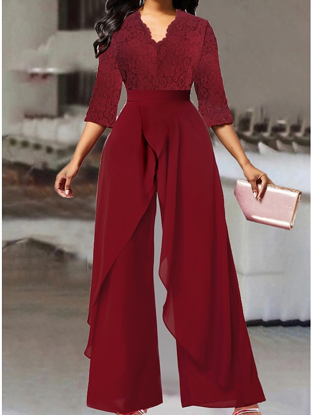 Women's Jumpsuit Lace Floral V Neck Formal Party Weekend Straight ...