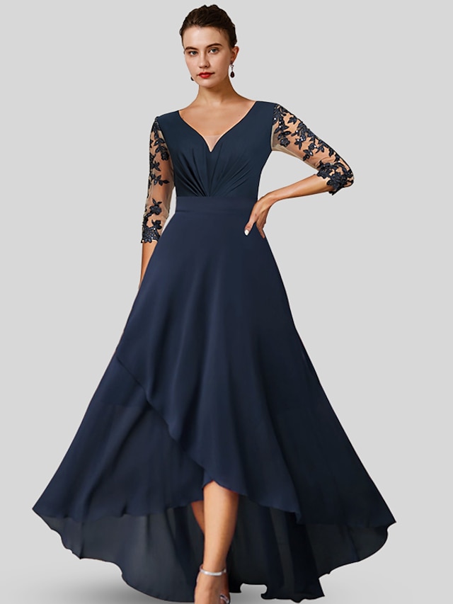  A-Line Mother of the Bride Dress Wedding Guest Elegant High Low V Neck Asymmetrical Tea Length Chiffon Lace 3/4 Length Sleeve with Appliques 2024