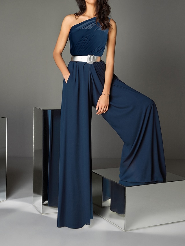  Jumpsuits Evening Gown Elegant Dress WorkWear Floor Length Short Sleeve One Shoulder Pocket Chiffon with Pocket 2024
