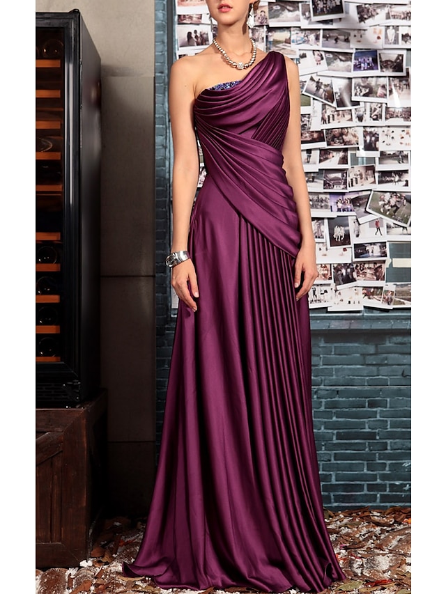 Sheath Black Dress Evening Gown Elegant Dress Formal Evening Floor Length Sleeveless One Shoulder Fall Wedding Guest Satin Backless with Pleats Crystals Draping 2024