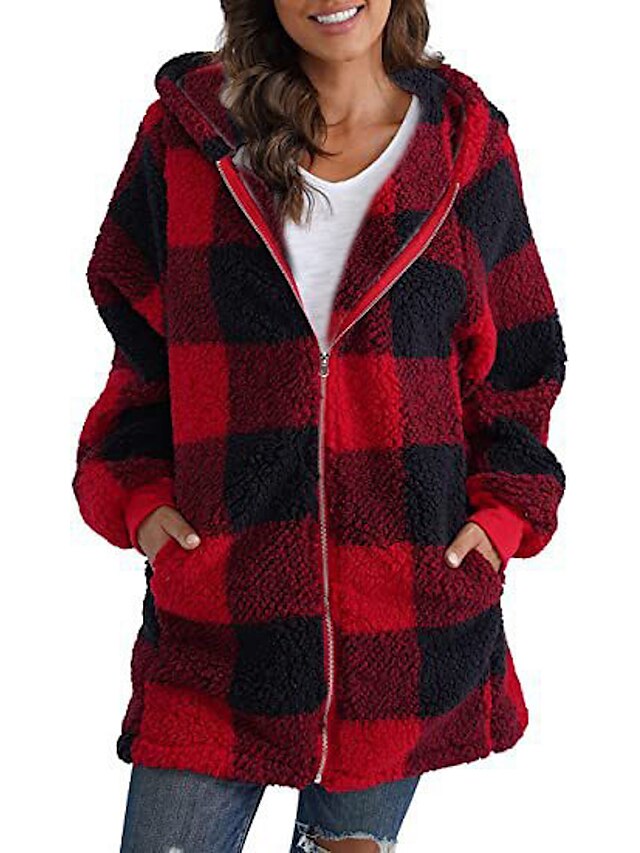 Women's Zip Up Hoodie Sweatshirt Fleece Jacket Fleece Plaid Basic ...