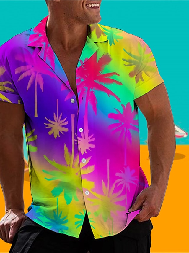  Men's Shirt Summer Hawaiian Shirt Gradient Coconut Tree Graphic Prints Turndown Black Blue Purple Green Rainbow Casual Hawaiian Short Sleeve Print Button-Down Clothing Apparel Tropical Fashion