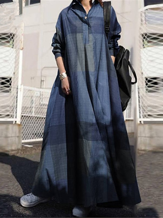  Women's Linen Maxi Shirt Dress Geometric Button-up Long Sleeve Fashion Daily Spring Fall Winter S-5XL