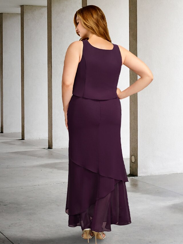 Two Piece A-Line Mother of the Bride Dresses Plus Size Hide Belly Curve Elegant Dress Formal Floor Length Half Sleeve V Neck Chiffon with Pleats Appliques