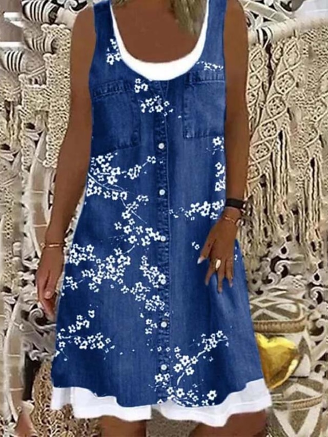  Women's Denim Dress Casual Dress Mini Dress Blue Dusty Blue Light Blue Sleeveless Floral Patchwork Summer Spring U Neck Fashion Vacation Loose Fit 2023 S M L XL XXL 3XL 4XL 5XL