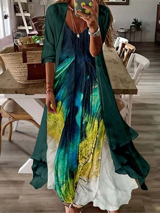 Women's Long Dress Maxi Dress Casual Dress Dress Set Two Piece Dress Shift Dress Fashion Outdoor Daily Going out Loose Fit Ombre Tribal Flower Long Sleeve V Neck Pink Brown Green Apricot Summer Spring 5