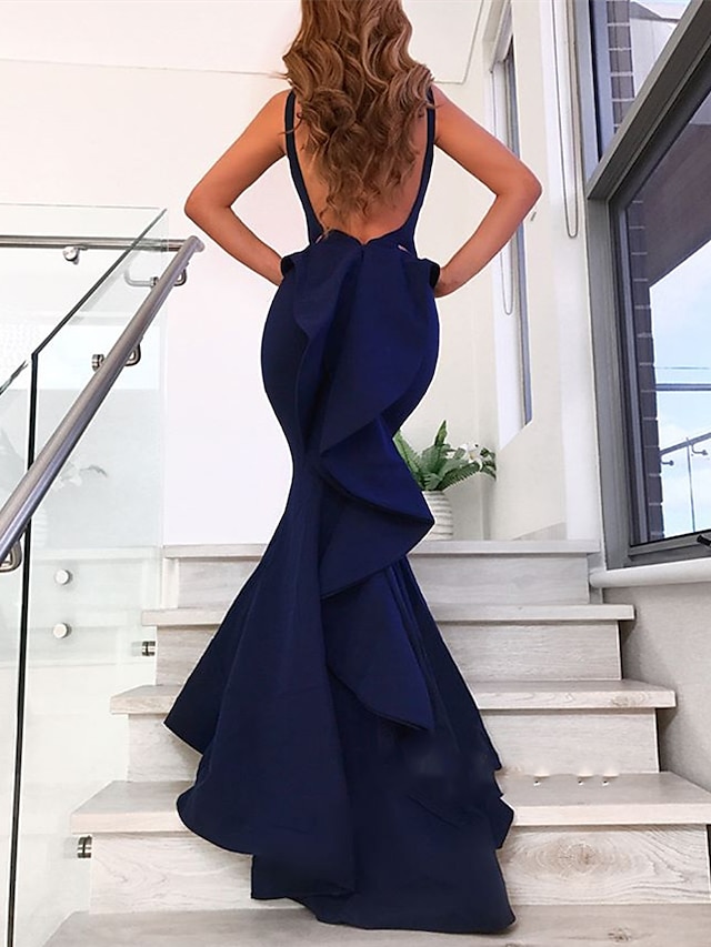  Mermaid / Trumpet Evening Gown Open Back Dress Formal Wedding Guest Court Train Sleeveless V Neck Stretch Fabric with Bow(s) Ruffles 2024