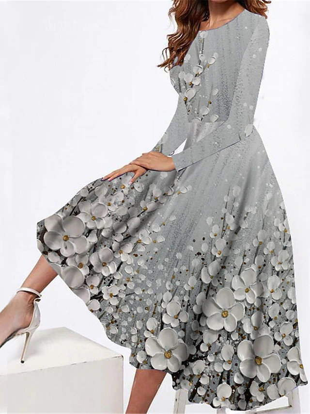 Women's Midi Dress Casual Dress Winter Dress Swing Dress Fashion Modest Formal Outdoor Party Regular Fit Floral Long Sleeve Crew Neck Gray Spring Fall Winter Autumn4
