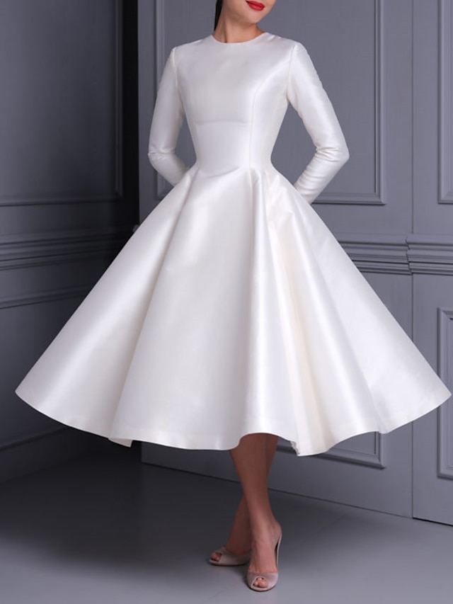  Reception Wedding Dresses Vintage 1940s / 1950s Simple Wedding Dresses A-Line Illusion Neck Long Sleeve Ankle Length Chiffon Bridal Gowns With Appliques Summer Wedding Party 2024