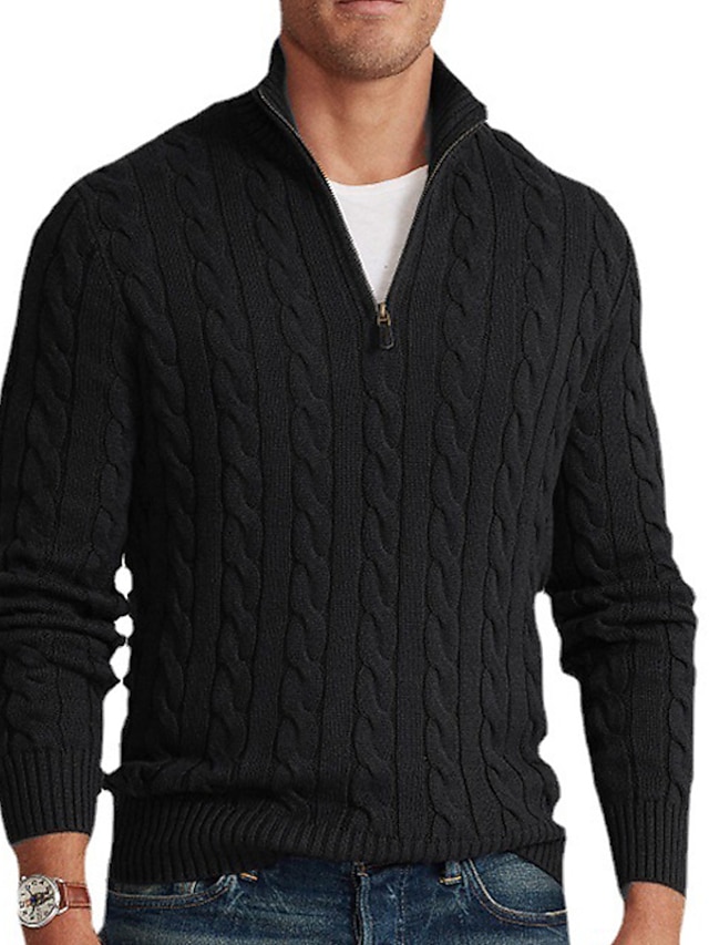 Men's Sweater Zip Sweater Pullover Ribbed Cable Knit Cropped Knitted