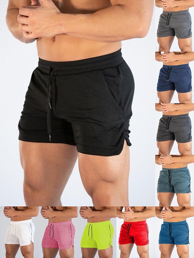 Men's Athletic Shorts Running Shorts Gym Shorts Drawstring Side Pockets Split Solid Colored Breathable Quick Dry Outdoor Athletic Beach Casual Shorts Black White Micro-elastic