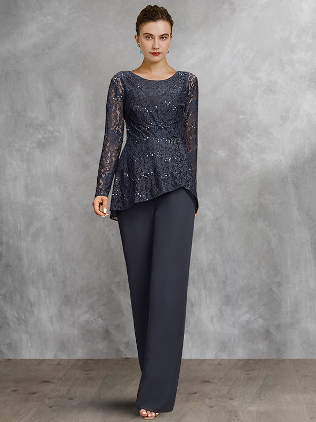  Two Piece Jumpsuit / Pantsuit Mother of the Bride Dress Formal Wedding Guest Church Elegant Scoop Neck Floor Length Chiffon Lace Long Sleeve with Sequin 2024