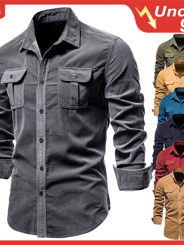  Men's Shirt Flannel Shirt Corduroy Shirt Solid Color Green Blue Yellow Red Brown Casual Daily Short Sleeve Button-Down Clothing Apparel Fashion Lightweight Casual Breathable