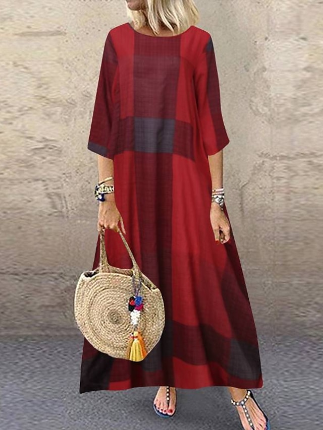  Damen Casual kleid Sommerkleid aus Baumwolle Maxidress Leinen Bedruckt Täglich Rundhalsausschnitt 3/4 Ärmel Sommer Frühling Rote Khaki Plaid