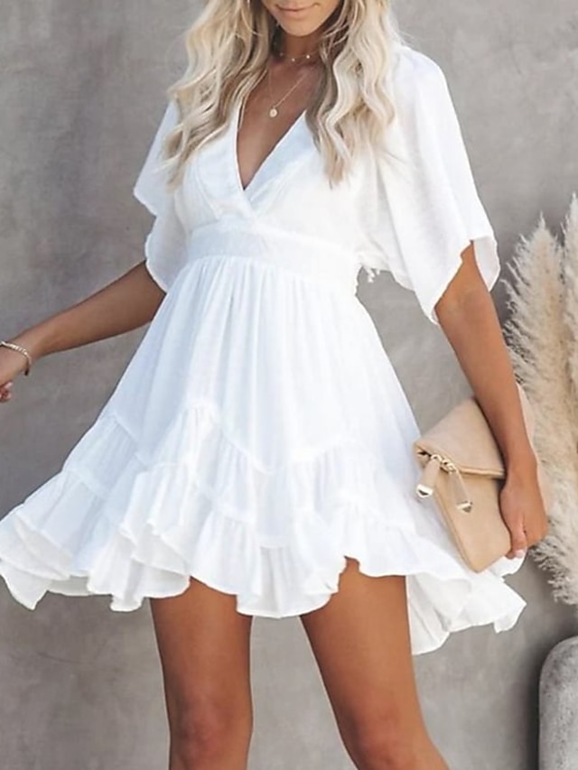  Women's Casual Dress Swing Dress White Dress Mini Dress White Green Short Sleeve Pure Color Lace up Summer Spring Deep V Vacation 2023 S M L XL XXL 3XL
