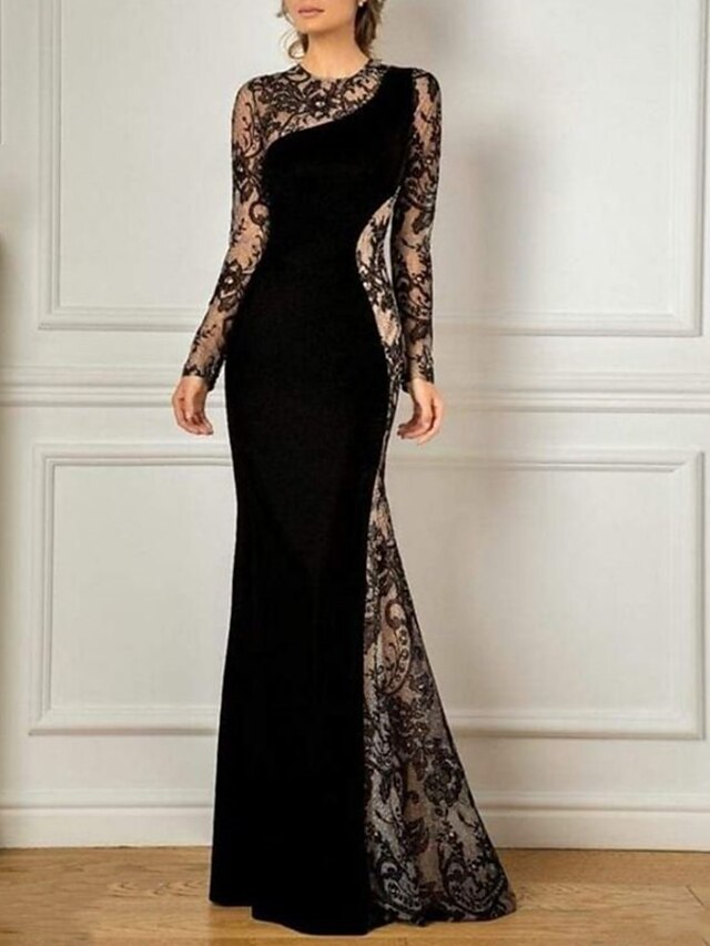 Mermaid Mother of the Bride Dress Wedding Guest Formal Evening Elegant Party Jewel Neck Floor Length Lace Velvet Long Sleeve No with Appliques Color Block4