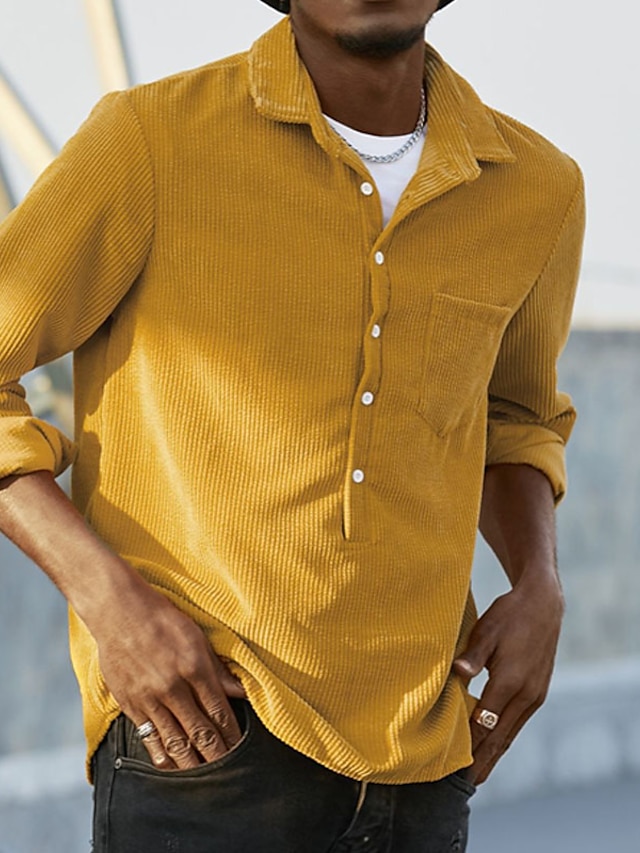  Homens Camisa casual camisa de verão Camiseta de Veludo Amarelo Vermelho Manga Longa Tecido Lapela Ao ar livre Roupa Diária Botão Roupa Casual Conforto