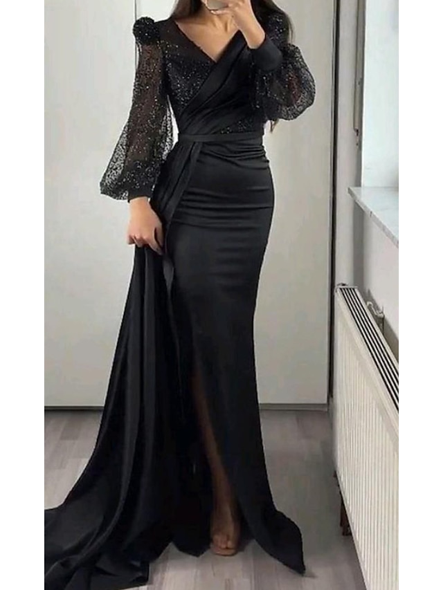 TS Mermaid Evening Gown Sequin Dress Formal Court Train Long Sleeve V ...