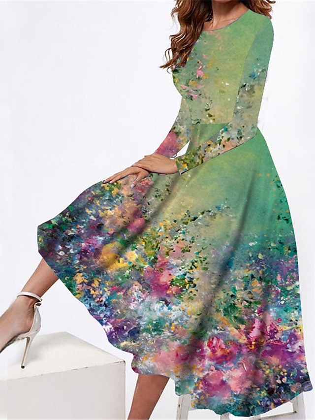  Robe midi femme Robe décontractée Robe d'hiver Robe évasée Mode Modeste Formelle Extérieur Fête Coupe régulière Florale Manches longues Col rond Vert Printemps Automne Hiver Automnal