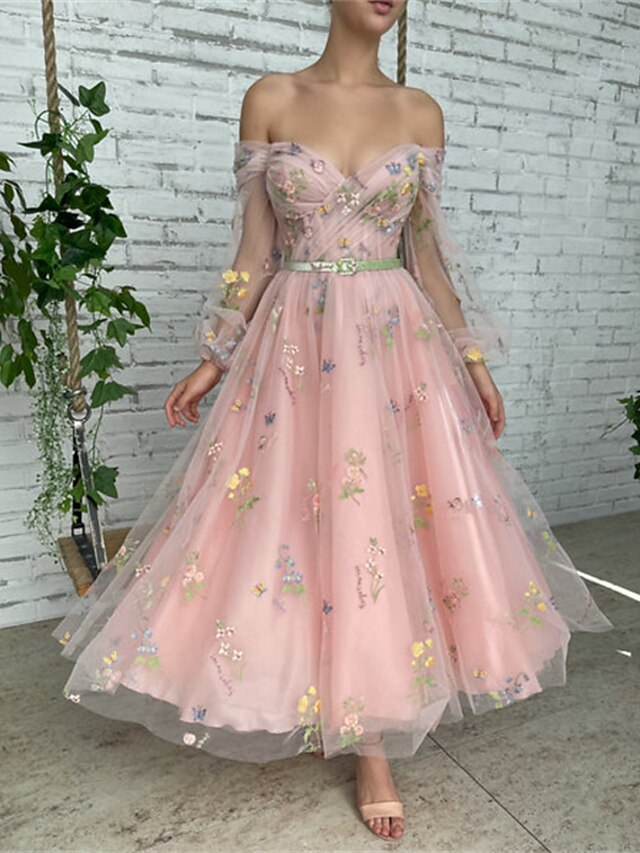 A Line Long Sleeves Short White Floral Prom Dresses Homecoming Dresses   PD346