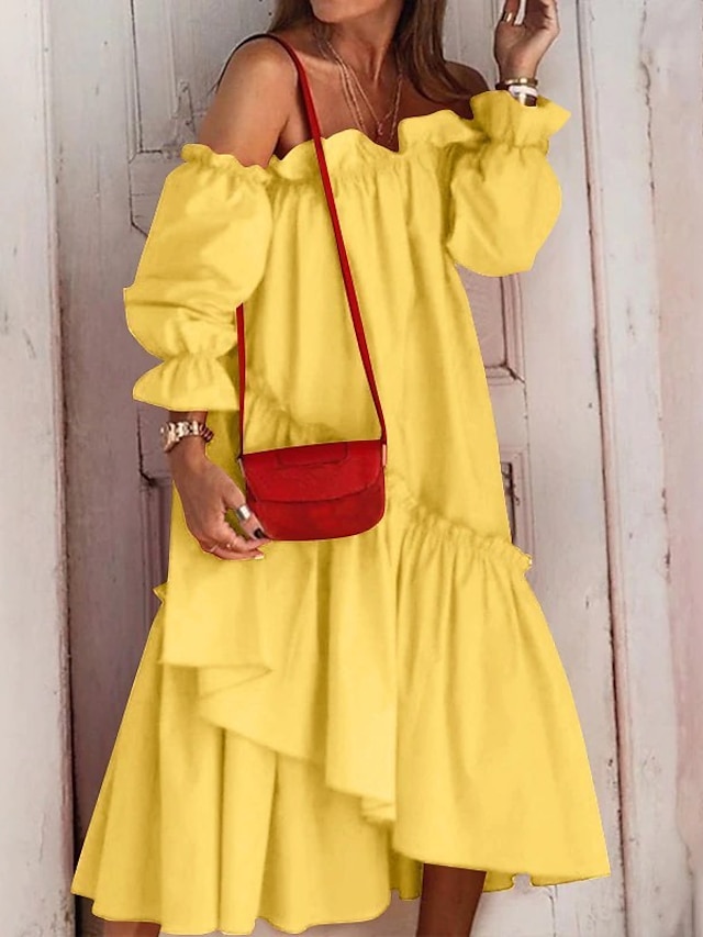  Women's Casual Dress Swing Dress Midi Dress Black Yellow Red Long Sleeve Pure Color Ruched Summer Spring Off Shoulder Classic Loose Fit 2023 S M L XL 2XL