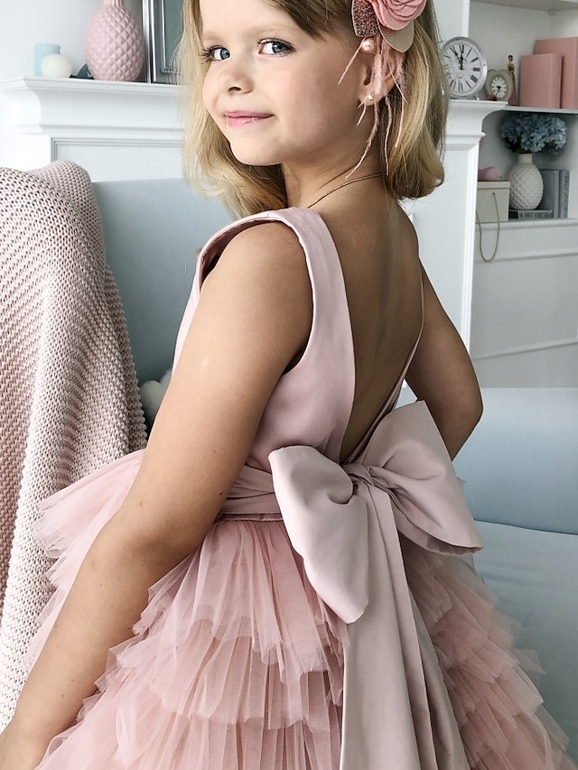 Cute Bow Satin Sweep Train Flower Girl Dress Orange