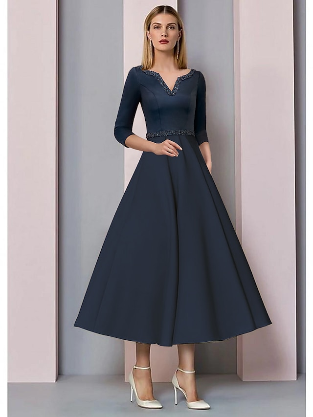 A-Line Mother of the Bride Dress Wedding Guest Vintage Elegant V Neck ...