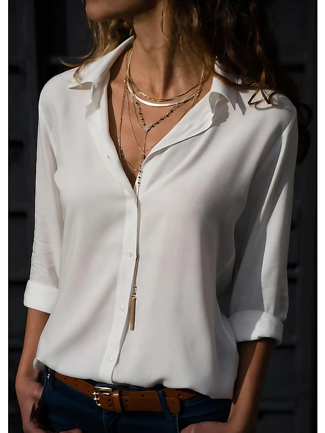 Women's Shirt Blouse Black White Blue Plain Long Sleeve Work Casual Shirt Collar S 9