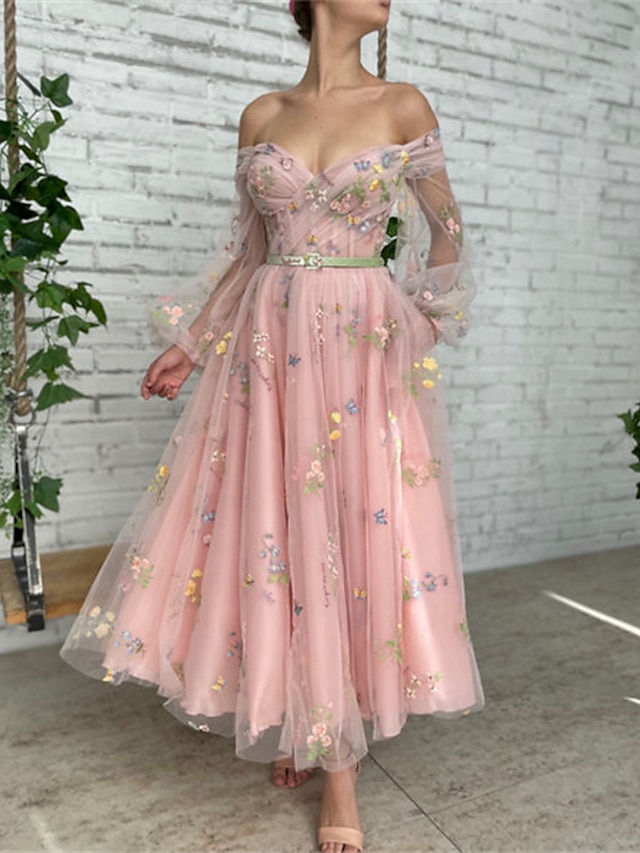  A-Line Prom Dresses Floral Dress Birthday Garden Party Ankle Length Long Sleeve Off Shoulder Fall Wedding Guest Lace with Embroidery Appliques 2024
