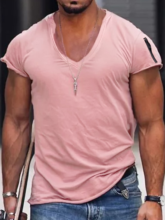  Homens Camiseta Tecido Decote V Desportos e Ar livre Esporte Manga Curta Roupa Moda Roupa de rua Rosa Casual Diário