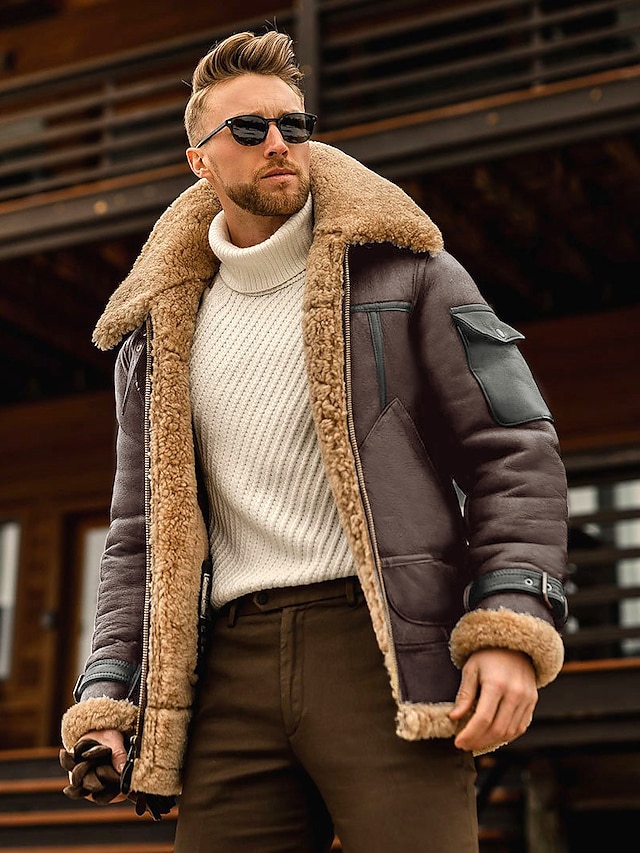  Men's Shearling Coat Winter Jacket Winter Coat Jacket Outdoor Daily Windproof Warm Pocket Quilted Fall Winter Plain Streetwear Casual Turndown Regular Polyester Black Yellow Red Brown Coffee Jacket