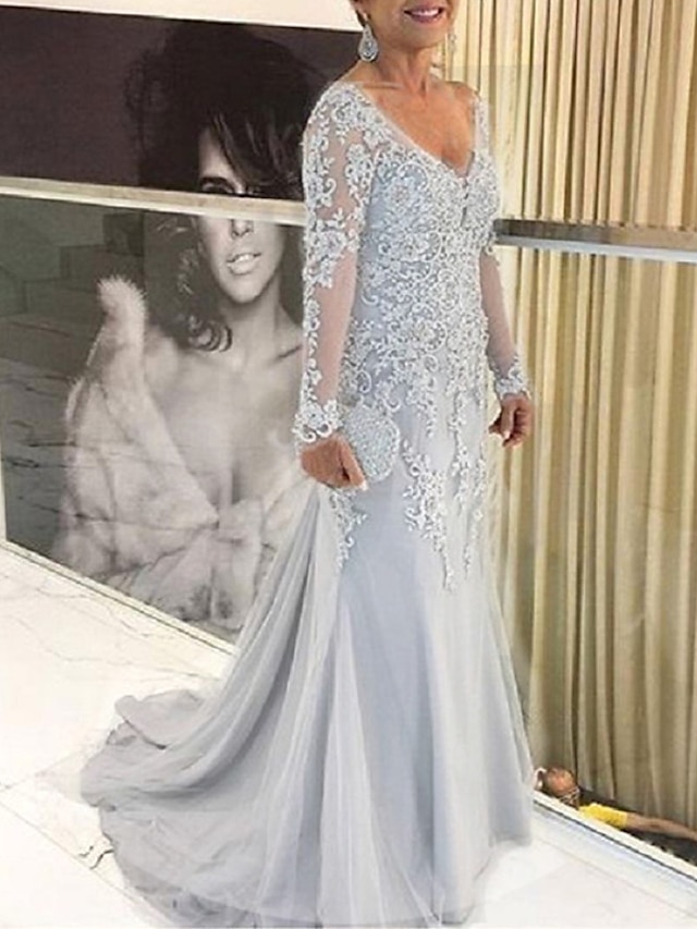  Τρομπέτα / Γοργόνα Φορέματα Plus Size Curve Mother of the Bride Κομψό Φόρεμα Επίσημο Επισκέπτης γάμου Ουρά Μακρυμάνικο Λαιμόκοψη V Δαντέλα με Διακοσμητικά Επιράμματα 2024