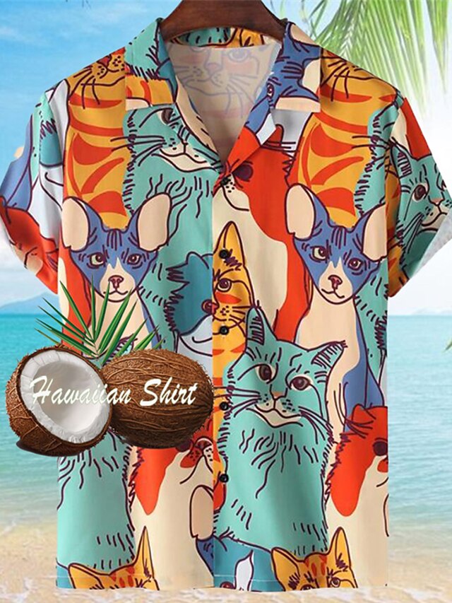  Hombre Camisa camisa hawaiana Animal Gato Estampados Cuello Vuelto Arco Iris Impresión 3D Calle Casual Mangas cortas Abotonar Estampado Ropa Tropical Moda Hawaiano Design