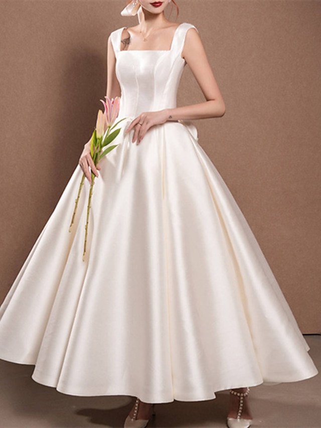  Reception Simple Wedding Dresses Wedding Dresses A-Line Off Shoulder Cap Sleeve Tea Length Satin Bridal Gowns With Pleats Ruched 2024