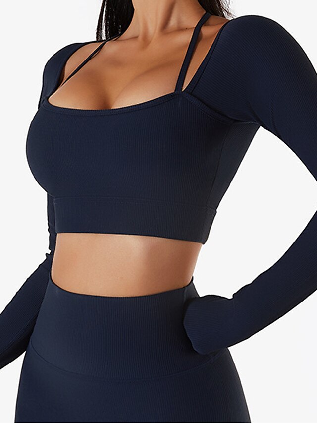  Women's Yoga Top Yoga Suit Crop Top Thumbhole Solid Color Black Dark Navy Yoga Fitness Gym Workout Spandex Tee Tshirt Crop Top Long Sleeve Sport Activewear Stretchy Tummy Control Butt Lift Breathable