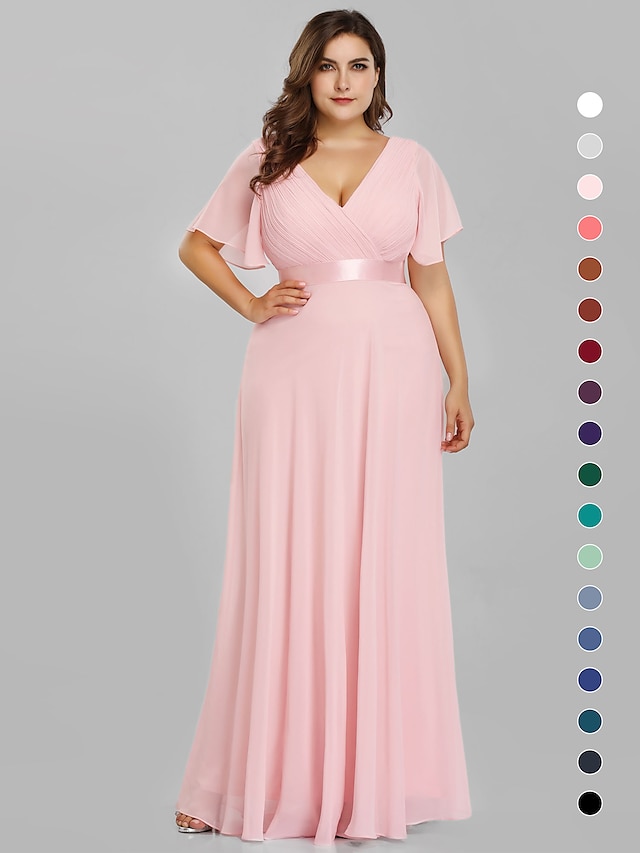  A-Line Empire Fall Wedding Guest Dress Christmas Red Green Dress Plus Size Formal Evening Dress V Neck Short Sleeve Floor Length Chiffon with Pleats Ruched 2023