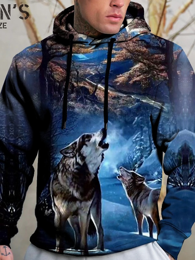  Men's Plus Size Pullover Hoodie Sweatshirt Big and Tall Animal Hooded Print Long Sleeve Spring &  Fall Fashion Streetwear Basic Comfortable Daily Wear Vacation Tops