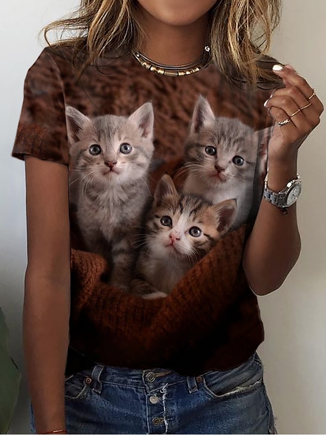  Women's T shirt Tee Brown Cat 3D Print Short Sleeve Daily Weekend Basic Round Neck Regular 3D Cat Painting S