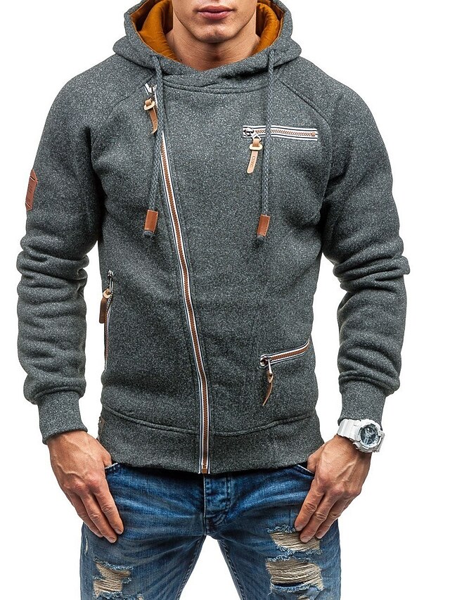  Herr Tröja med dragkedja Sweat Jacka Svart Ljusgrå Mörkgrå Huva Ensfärgat Ledigt Streetwear Polyester Häftig Höst Vinter Kläder Pull Tröjor Långärmad Smal
