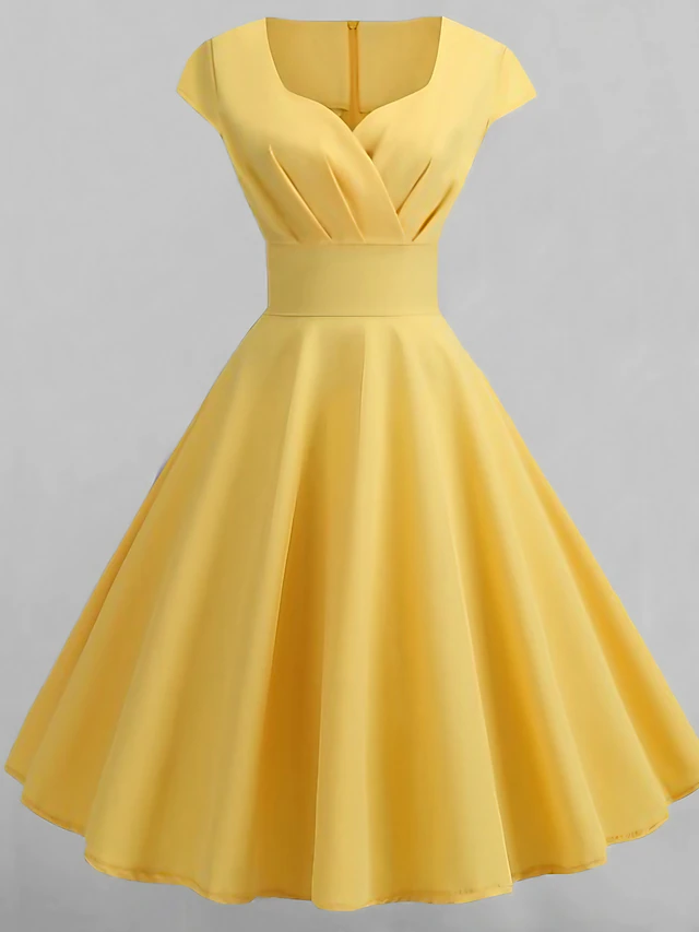 Women's Swing Dress Vintage Tea Dresses Midi Dress Black Yellow Pink Short Sleeve Pure Color Ruched Spring Summer Crew Neck Vintage Daily Weekend Slim S M L XL XXL 14