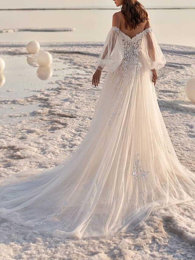 Beach Wedding Beach Formal Wedding Dresses A-Line Off Shoulder Short Sleeve Court Train Chiffon Bridal Gowns With Pleats Beading