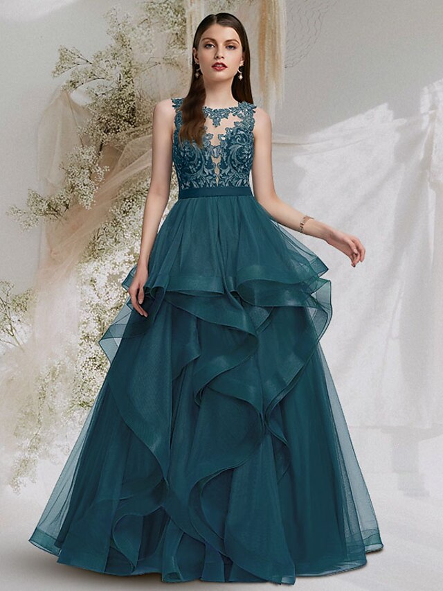  Ball Gown Cut Out Sexy Prom Formal Evening Dress Jewel Neck Sleeveless Floor Length Tulle with Lace Insert 2022