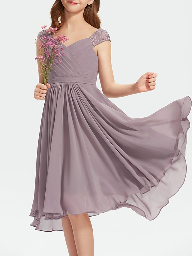 Sheath / Column Tea Length V Neck Chiffon Junior Bridesmaid Dresses