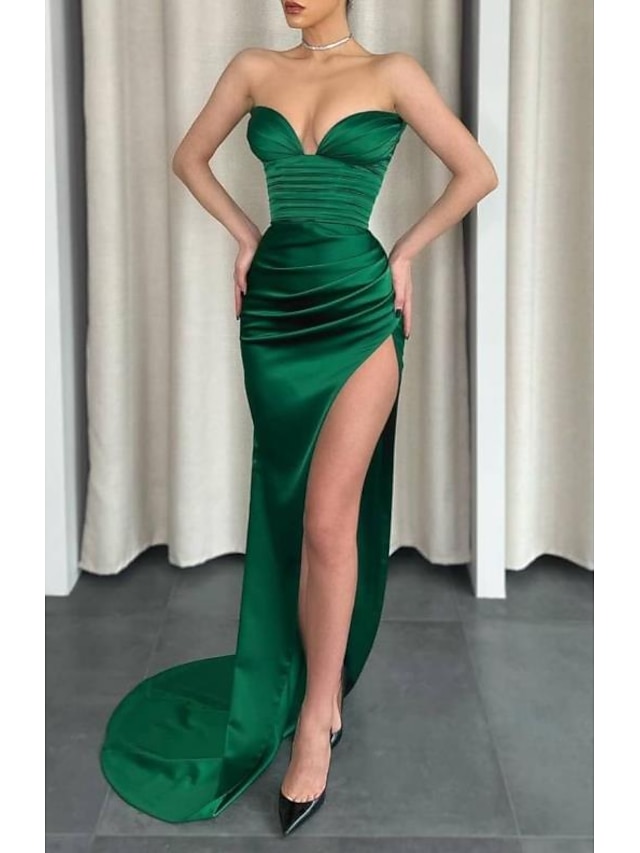 A-Line Prom Dresses Minimalist Dress Prom Court Train Sleeveless V Neck Pocket Satin with Ruffles Pocket