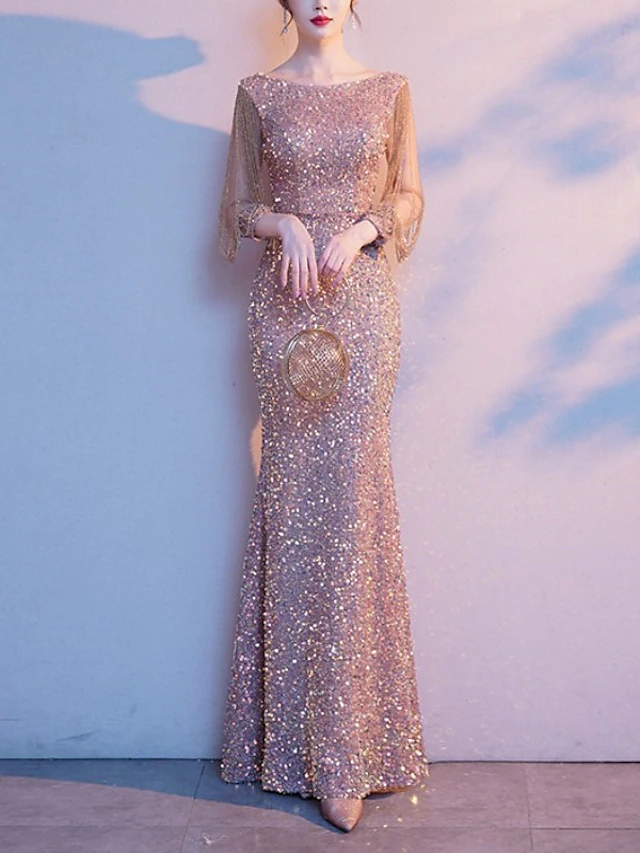 Sheath Evening Gown Elegant Sparkle & Shine Petite Jewel Neck Floor Length Sequined 3/4 Length Sleeve with Solid Color dress to impress 6