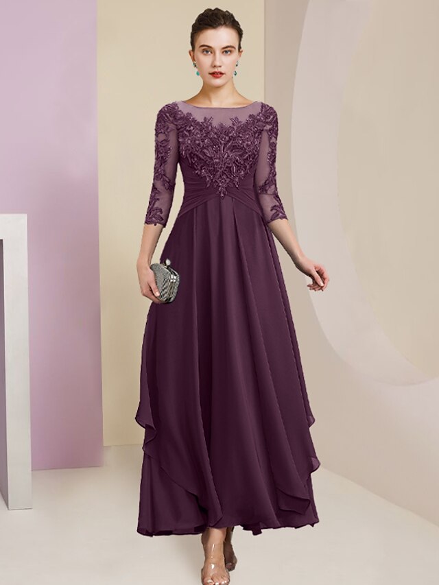 Wedding Guest Elegant Plus Size Jewel Neck Ankle Length Chiffon Lace 3/4 Length Sleeve with Ruched Sequin Appliques Mother of the Bride Dress main image 1