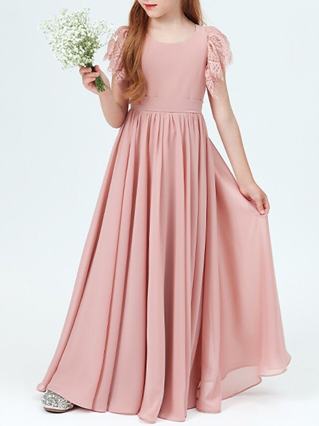 Sheath / Column Floor Length Jewel Neck Chiffon Junior Bridesmaid