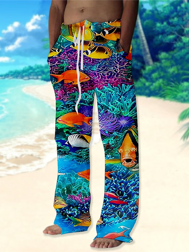  Homens Calças Calça verão Calças de praia Com Cordão Cintura elástica Perna reta Estampas Abstratas Peixes Conforto Casual Diário Feriado Havaiana Designer Vermelho Azul